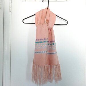 vintage 80s English Village peach pink winter scarf w/ multicolor knit pattern